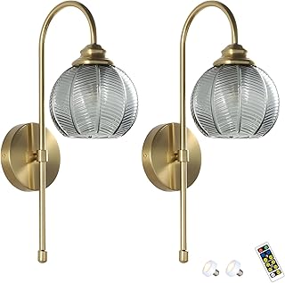 LVSEWOA Lámpara de Pared a Pilas, Aplique inalámbrico, Moderno, de Cristal, para Dormitorio, Juego de 2, de latón Antiguo, Estilo Retro, para baño (Ahumado, Bicolor)