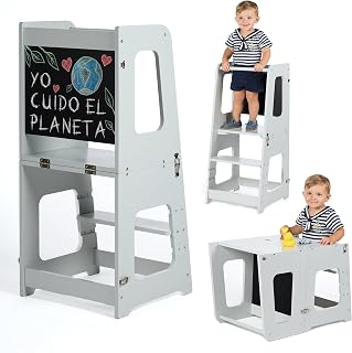 Torre de Aprendizaje Plegable de Madera Premium, Torre Aprendizaje 3 en 1 Convertible en Mesa y Silla – Empresa Comprometida con la Reforestación, Desde 1 Año, Escalón Ajustable (Gris Perla)