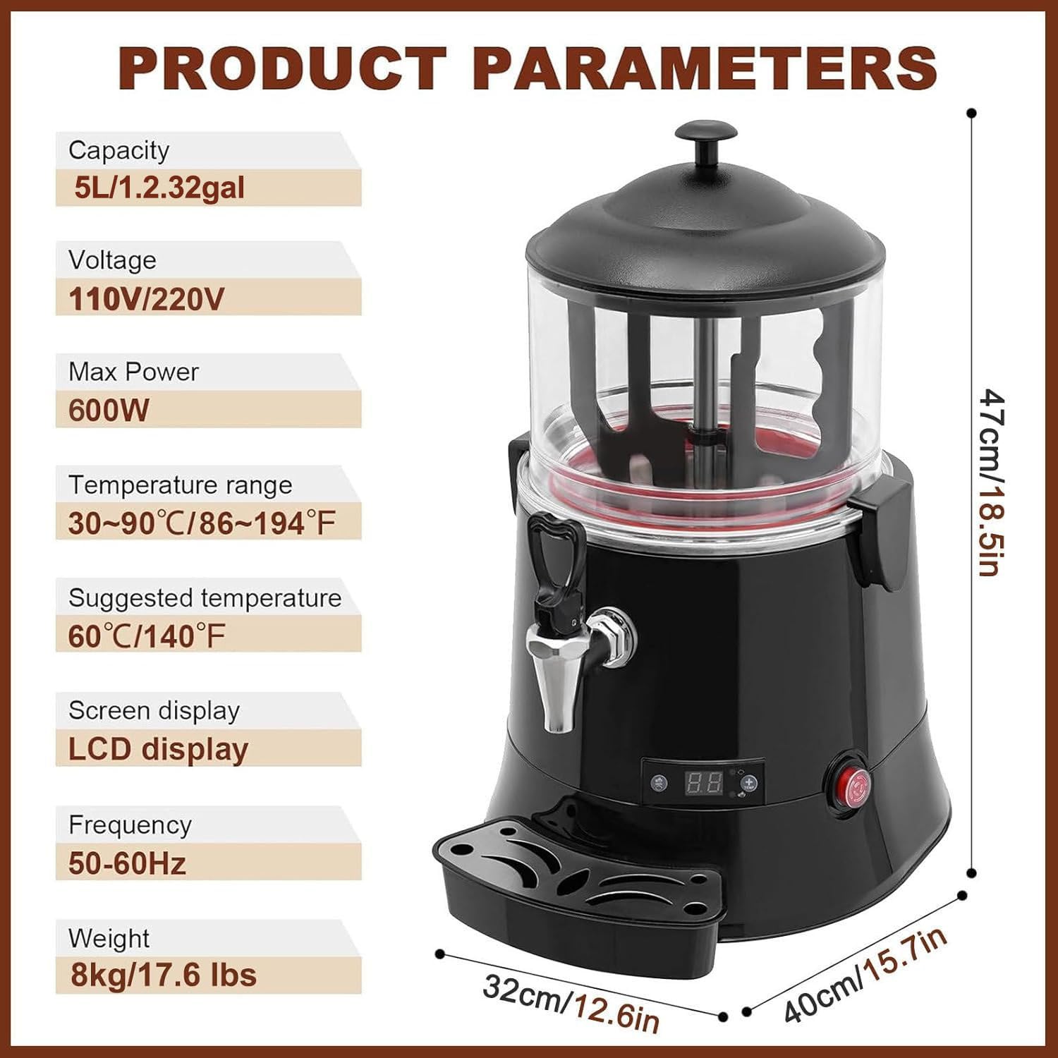 Macchina per Cioccolata Calda Commerciale da 600 W, Dispenser di Bevande Calde di Grande capacità con Controllo Intelligente della Temperatura da 86 A 194 °F, Macchina per BEV,Size_Name 5l