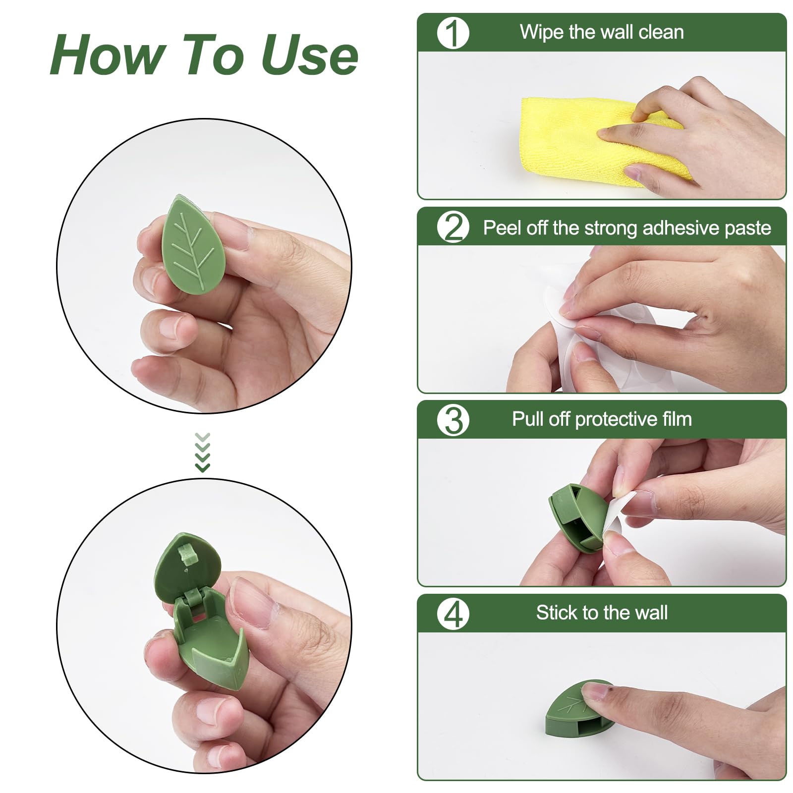 60 Clips Auto-adhésifs Pour Plantes Grimpantes - Support Murale En Forme De Feuille Vert