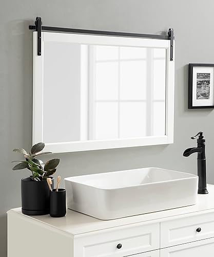 Miniatura 3 de Kate and Laurel Skylan - Espejo de pared rectangular moderno con marco inspirado en la puerta de granero para uso en baño o sala de estar 38 x 27