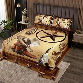 Feelyou Western Cowboy Bedspread King, Rustic Texas Star Coverlet Set Cowboy Boots Quilted Coverlet for Kids Toddler Horseshoes Vintage Quilted with 2 Pillow Case