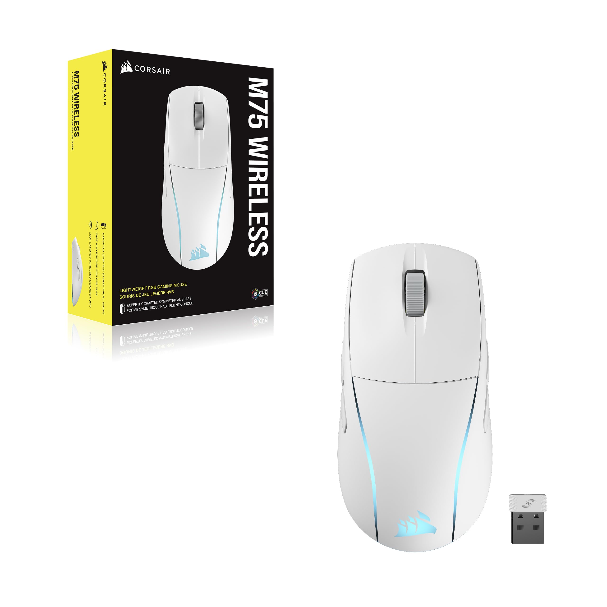 Corsair M75 Mouse da gioco wireless RGB leggero FPS - 26.000 DPI - Pulsanti laterali intercambiabili - Compatibile con iCUE - PC - Bianco
