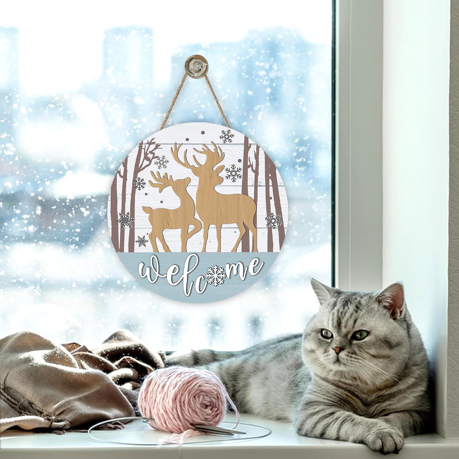 Welcome Winter Reindeer Front Door Sign, Farmhouse Snowflake Tree Wood Hanger Outdoor Outside Porch Home Decor, Rustic Christmas Wooden Wreath Indoor Wall Hanging Decoration - Image 5