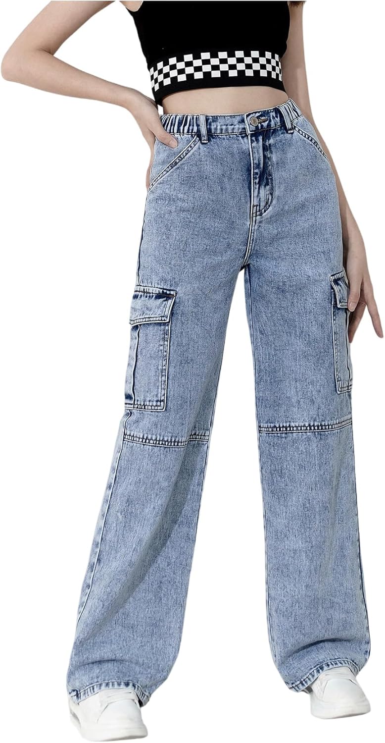 WDIRARA Girl's Flap Pocket Side High Waist Straight Leg Cargo Long Jeans Denim Pants