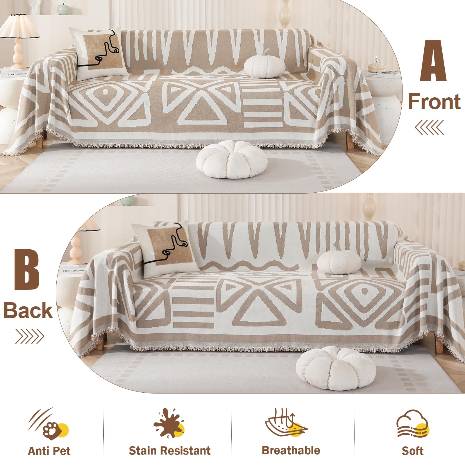 Royhom Housse de Canapé d'angle, Housse Canapé, Couvre Canape Chenille, Protege Canape Angle avec Glands Décoratifs, Anti-Rides(Boho Kaki, 230x380 cm)