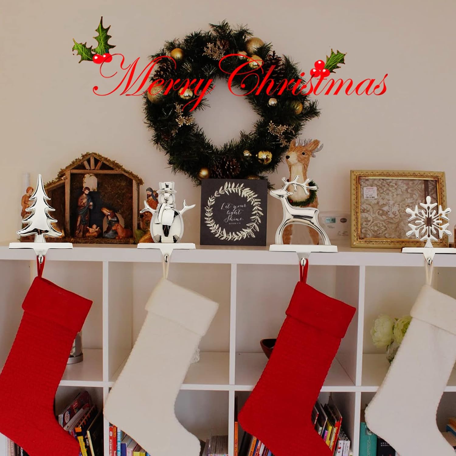 Christmas Stocking Holders for Mantel Set of 4 Reindeer Snowflake Snowman Pine Tree Vintage Metal Standing Stocking Hook Silver Sturdy Stockings Hanger for Fireplace Counter Window Decoration
