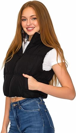 Love Tree Womens Juniors 2-in-1 Reversible Plaid Cropped Puffer Vest