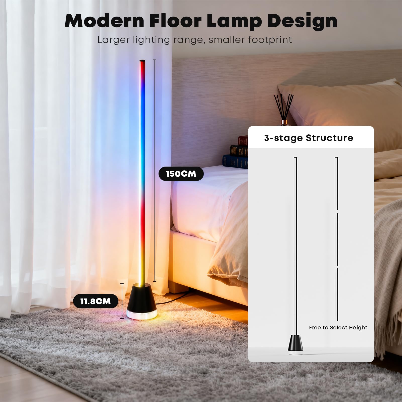 LQWELL Ściemnialna lampa podłogowa LED RGBIC, 150 cm, inteligentna lampa narożna z pilotem, aplikacją, 16 milionów kolorów, tryb muzyki DIY, funkcja timera