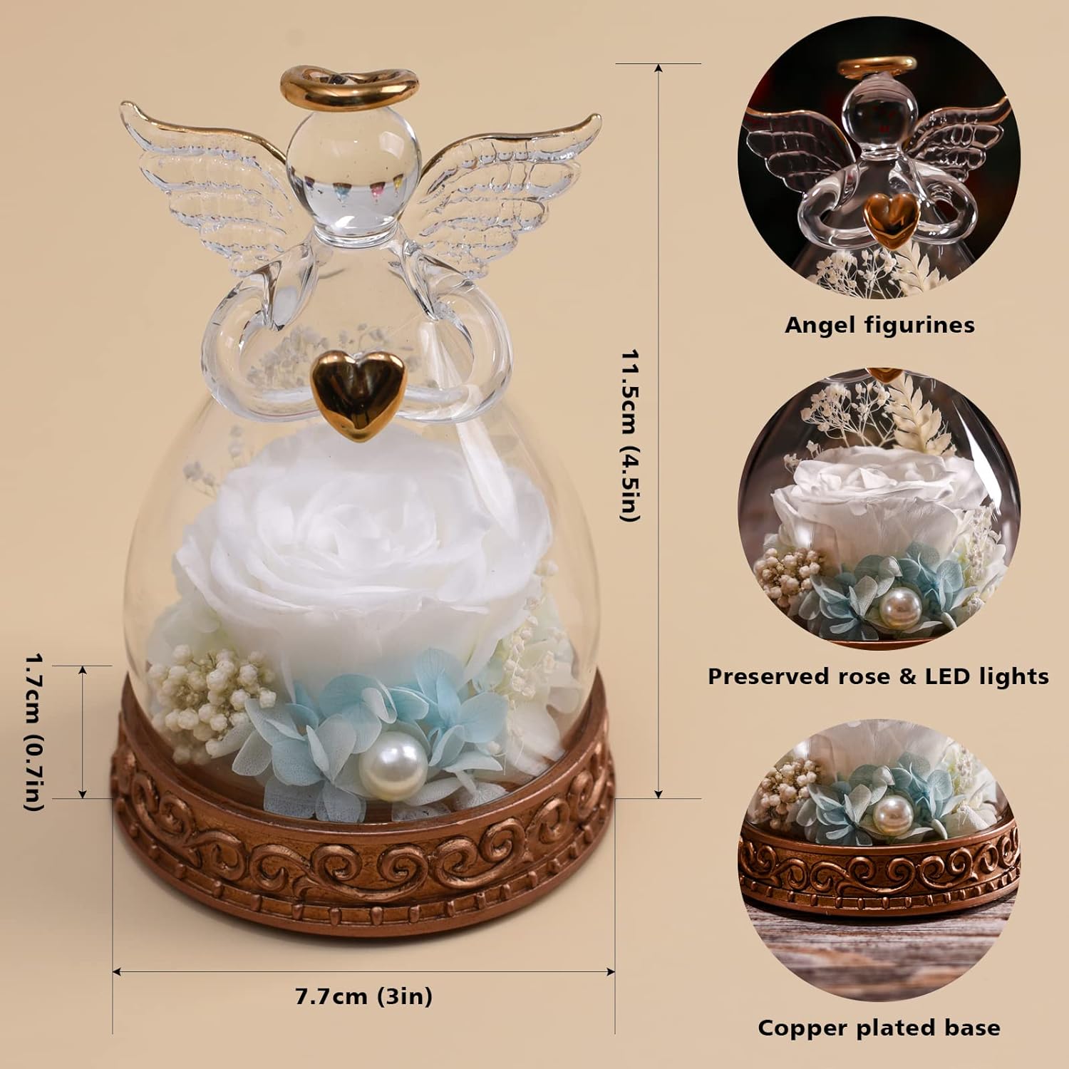 Preserved Real Rose in Glass Angel Figurine with LED Light, Angel Gifts for Women, Mom, Grandma on Mother's Day Christmas Birthday (White) - Image 2