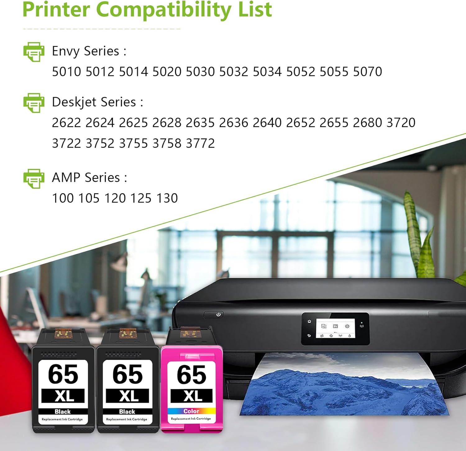 LOMENTICS 65XL Ink Cartridges Black Color Combo Pack Replacement for HP 65 65XL Ink Work for Deskjet 3700 3755 3772 3722 3752 Envy 5055 5052 Printer (3-Pack, 2Black, 1Tri-Color)