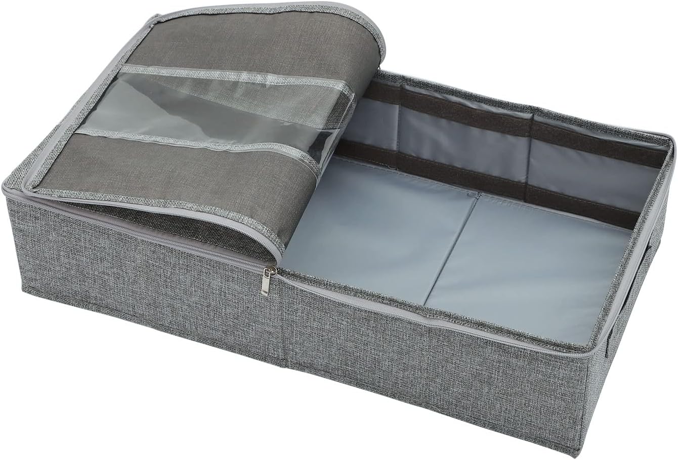 Set of 2 Under Bed Shoe Storage Organizer with 2 Handles, Foldable Fabric Shoes Container Box with Adjustable Dividers and Clear Window for Store 6 Pairs in Total