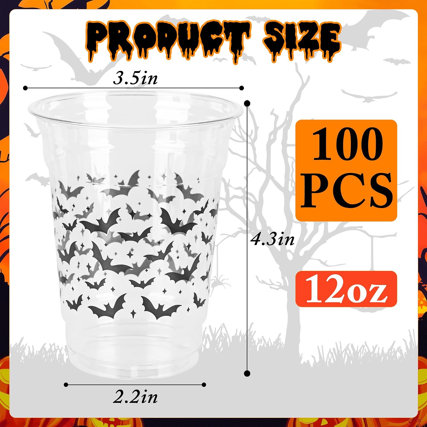 Halloween Disposable Plastic Party Cups, 12 oz, 100 Count, Black Bats image 2