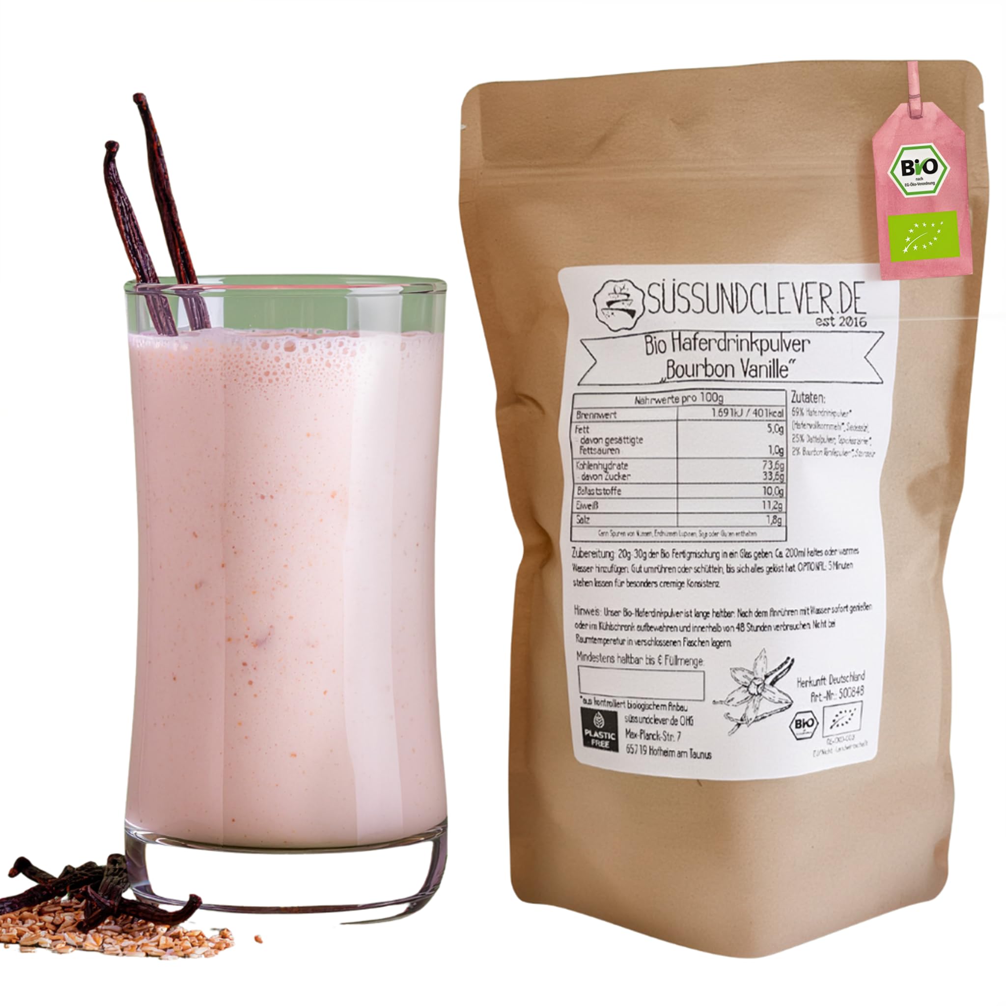 süssundclever.de® Bio Haferdrinkpulver Bourbon-Vanille | 800g | mit Dattelsüße | vegan | 8l Haferdrink Vanille | Ohne Zuckerzusatz oder Aromen
