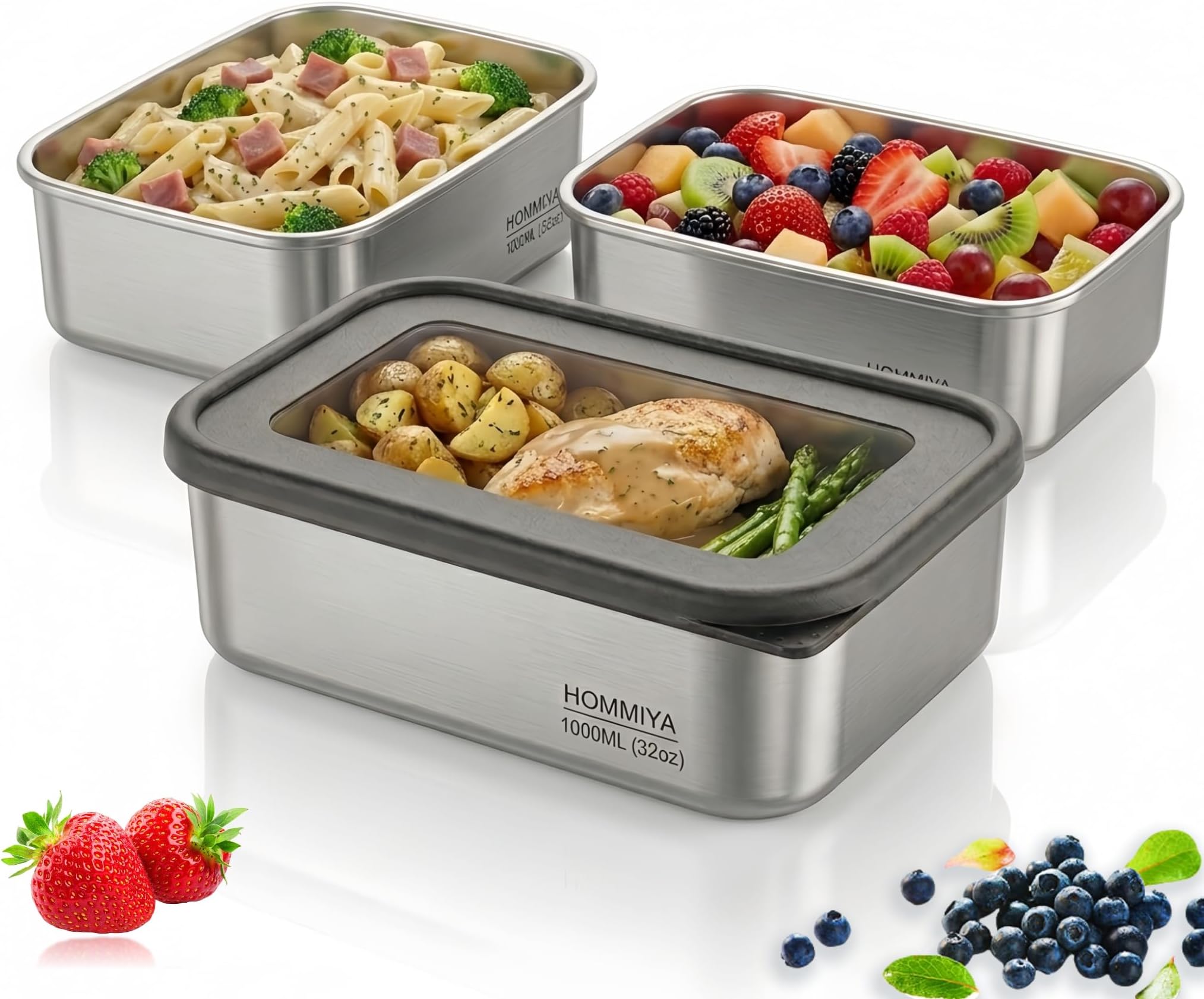 Stainless Steel Food Storage Containers with Leak-Proof Silicone Lid, Set of 3(32oz), Reusable Bento Lunch box for Snacks & Meal Prep, Oven/Dishwsher/Freezer Safe