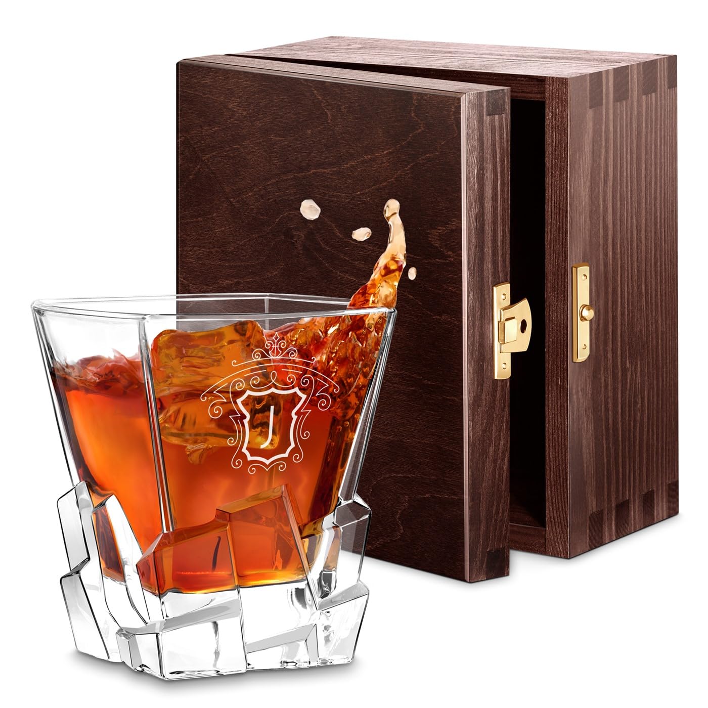 Maverton Personalised Whiskey Glass for man - 250 ml Tumbler with Laser Engraving - Elegant barware - for Whisky Connoisseur - for Birthday - Designed Base Resembling ice Cubes - Initial