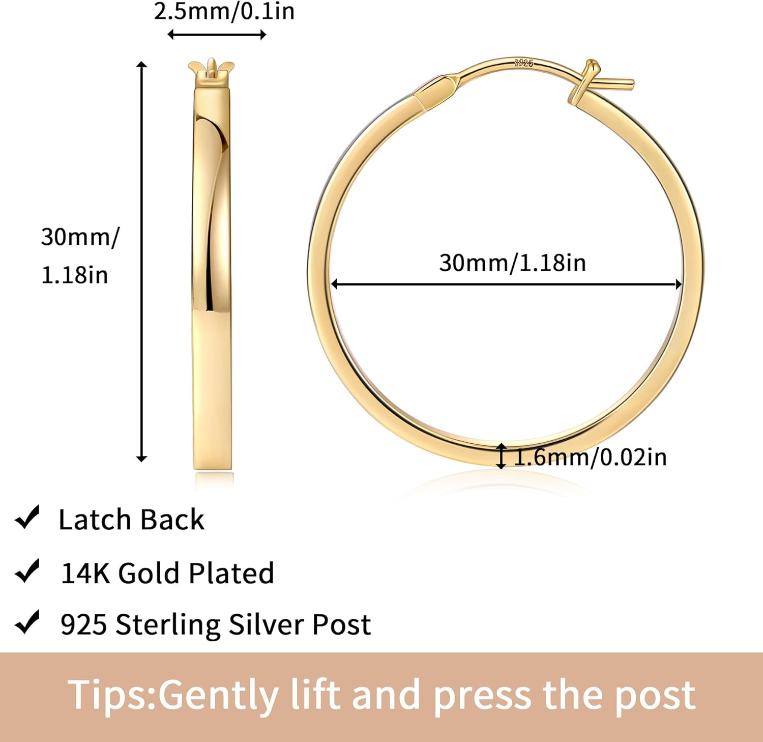 Gacimy Flatted Hoop Earrings for Women 14K Gold Plated with 925 Sterling Silver Post - Image 7