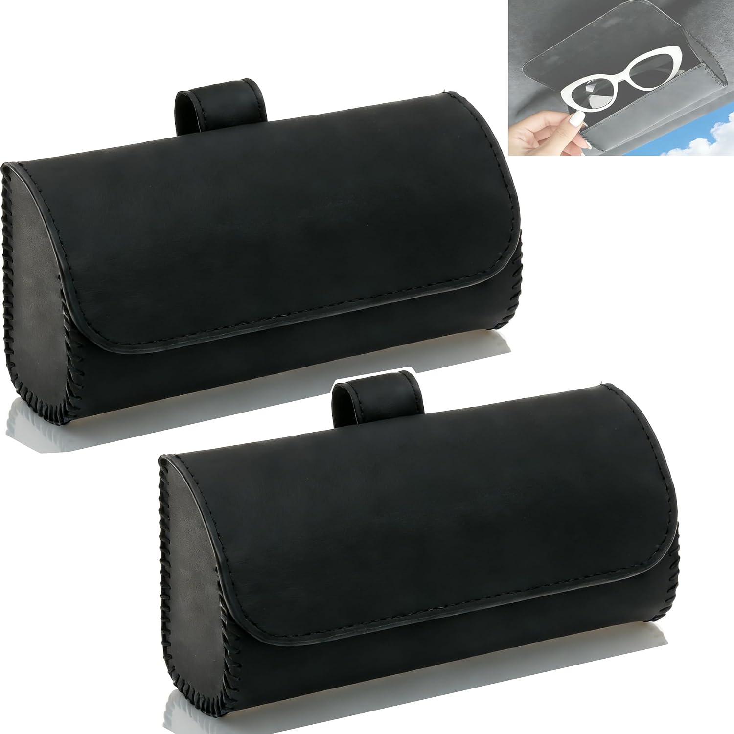 2 Pack Sunglasses Case for Car Sun Visor - Magnetic Glasses Holder for Driver and Passenger, PU Leather Eyeglass Storage Box for Car Truck SUV, Visor Sunglass Organizer