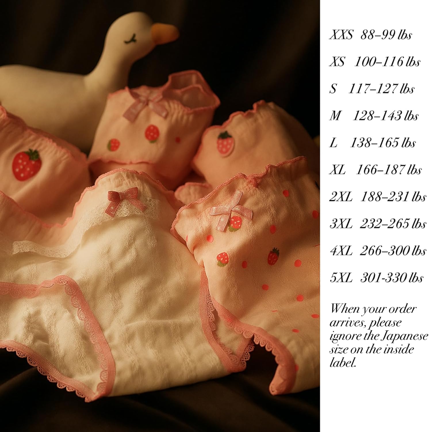 Womens Underwear for Women 5 Packs Panties Cute Cotton Kawaii Japanese-Style Ruffled Strawberry Lace Bow