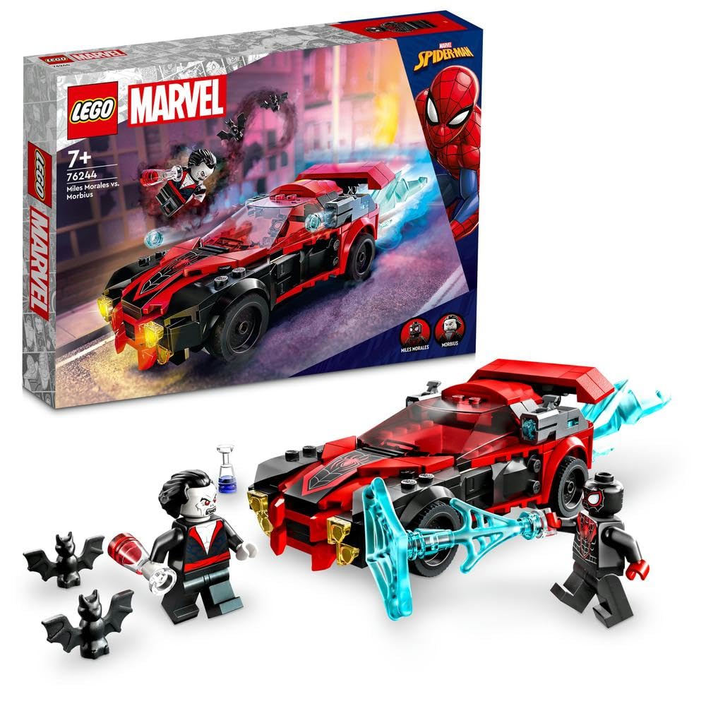 LEGO 76244 Marvel Miles Morales vs. Morbius, Spider-Man Building Toy for Boys and Girls with Race Car and Minifigures, Adventures in the Spiderverse Set