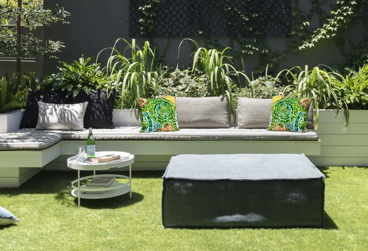 Outdoor Waterproof Decorative Throw Pillows with Inserts for Patio Furniture, 18x18 Inch Fade Resistant Patio Garden Cushions for Couch Bed Sofa, Floral Green