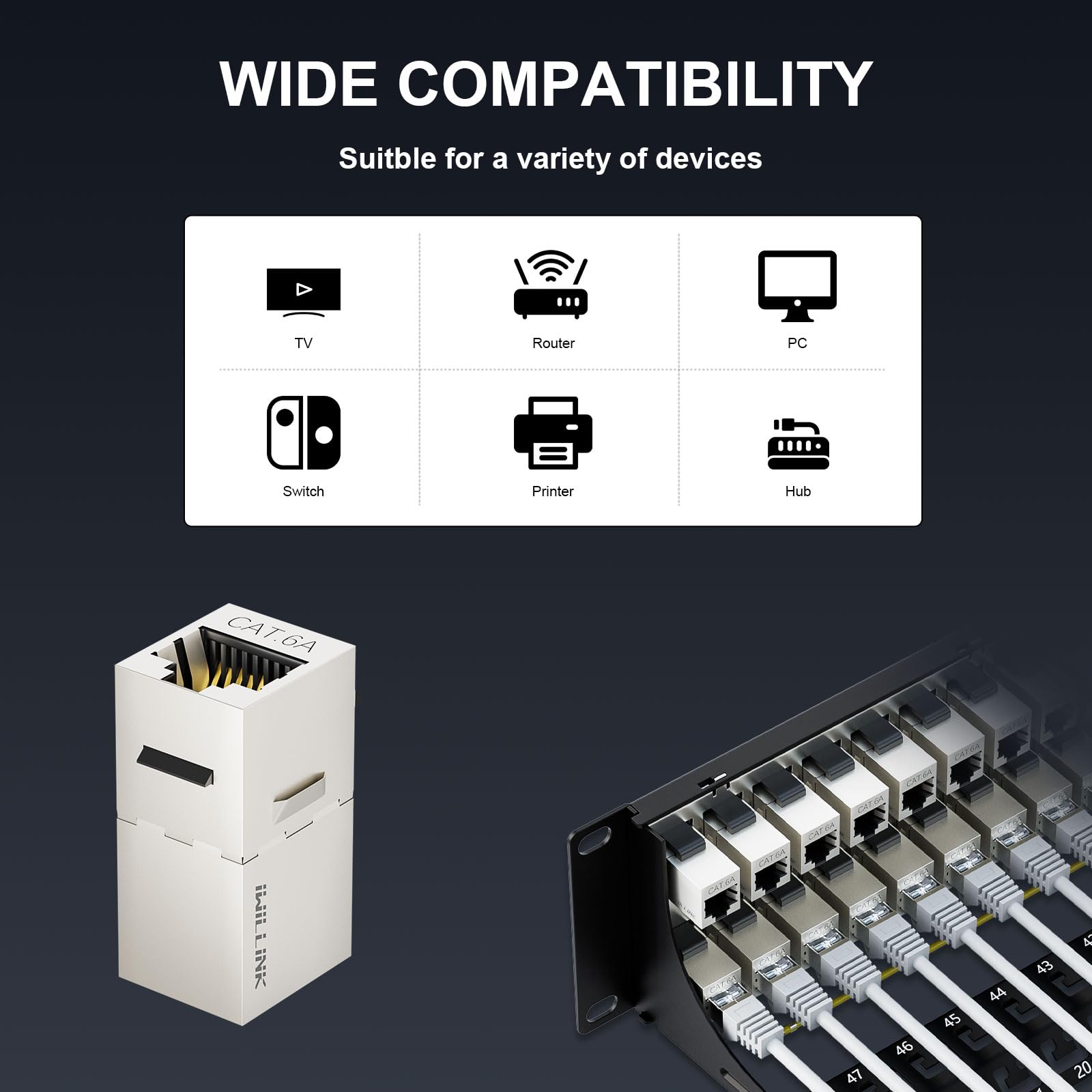 iwillink Panel de conexión de 10 Gbps de 48 puertos, RJ45 blindado a través de Cat6A, paneles de conexión STP de 19 pulgadas 2U con Keystone en línea y barra trasera extraíble