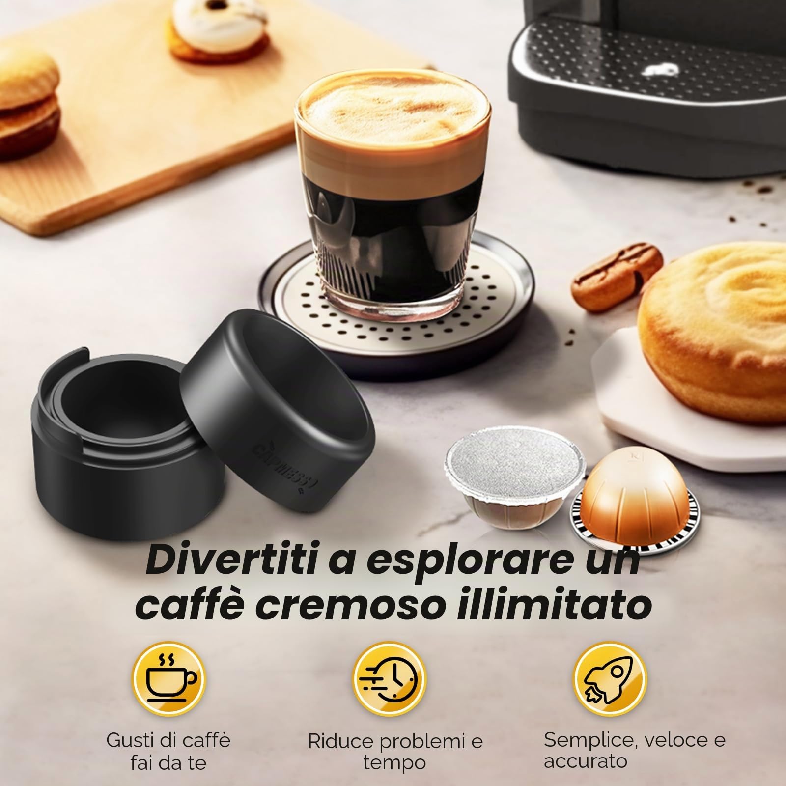 CAPMESSO Kit di Ricarica per Capsule Vertuo Riutilizzabili, Design Più Nuovo 2025 per Sigillatura Più Veloce Capsule Nespresso Vertuo Riutilizzabili con Pennello Riempi & Pressa, 100pcs Coperchi in