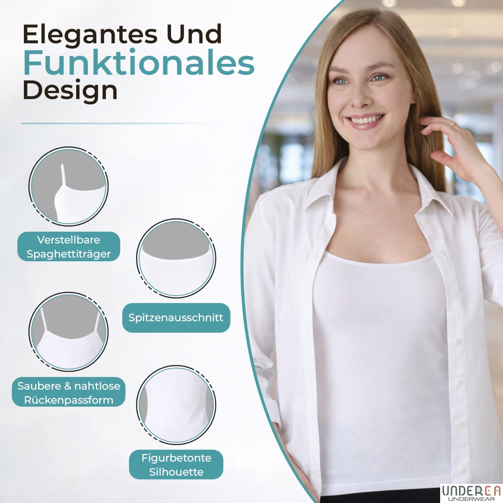 UNDERA - Pack de 3 camisetas interiores para mujer, 100% algodón, tirantes delgados, suave, transpirable, para uso diario, ocio y ropa interior