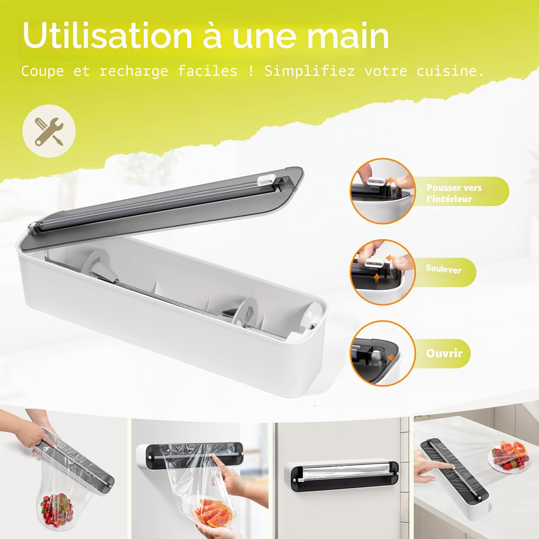 Derouleur Film Alimentaire avec Coupeur - Organisateur de Cuisine Magnétique et Adhésif Sans Percer, Distributeur Papier Aluminium et Film - Gain de Place pour Rouleaux Jusqu'à 300m, Noir