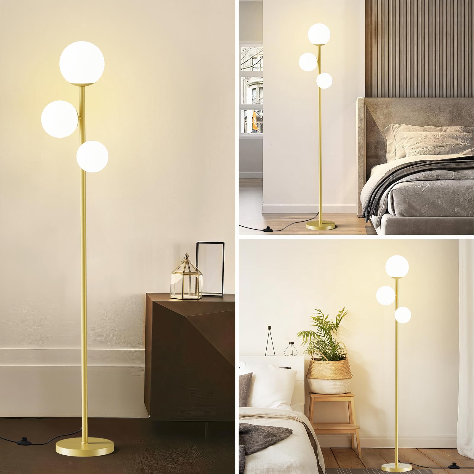 Stehlampe für Wohnzimmer, 18W Modernes Stehlicht mit 3 Farbtemperaturen, Hohe Lampe mit Fußschalter, 3*G9-Glühbirnen|Lampenschirm, Augenschonende Stehlampen für Schlafzimmer Wohnzimmer Büro (Gold)