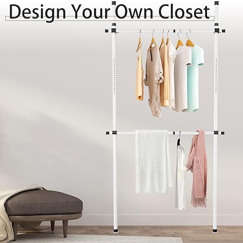 Miniatura 5 de Yuanjimi Perchero para ropa, perchero ajustable para ropa, estante de almacenamiento de armario montado en tensión, acero al carbono, 2 varillas,