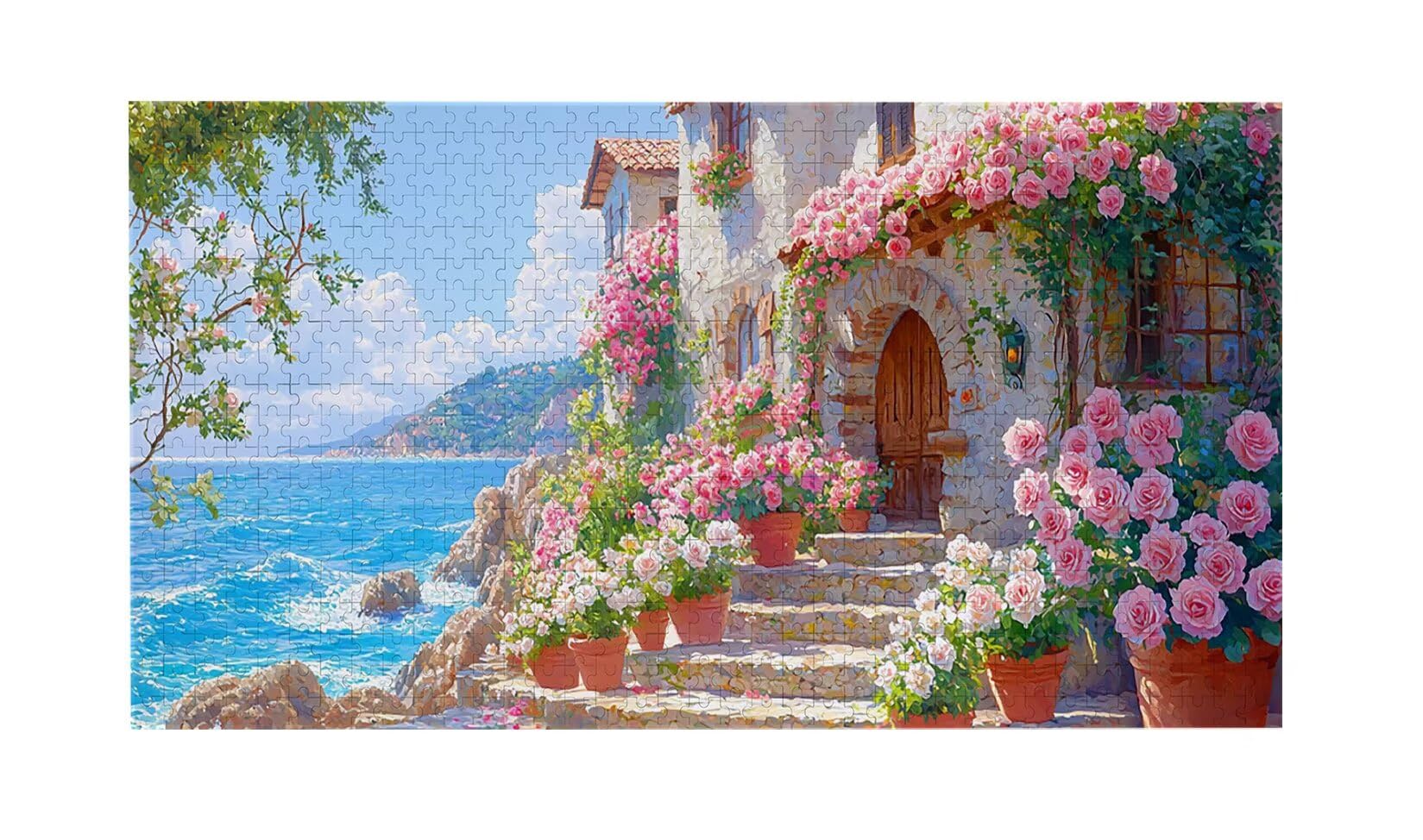 Puzzle dla dorosłych 1100 sztuk, widok na morze róże puzzle, trudne, wymagające, puzzle idealnie pasują, napis na plecach, prezent dla seniorów (87x42cm) v-676