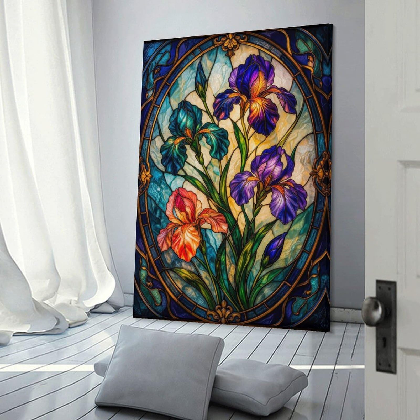 Junmoney Frame-Style-21 Room Decor Wall Art Stained Glass Irises(2), 20X30inch(50X75cm), For Entrance Spaces, Stair Walls Or Halls, Home Artwork For First Impressions