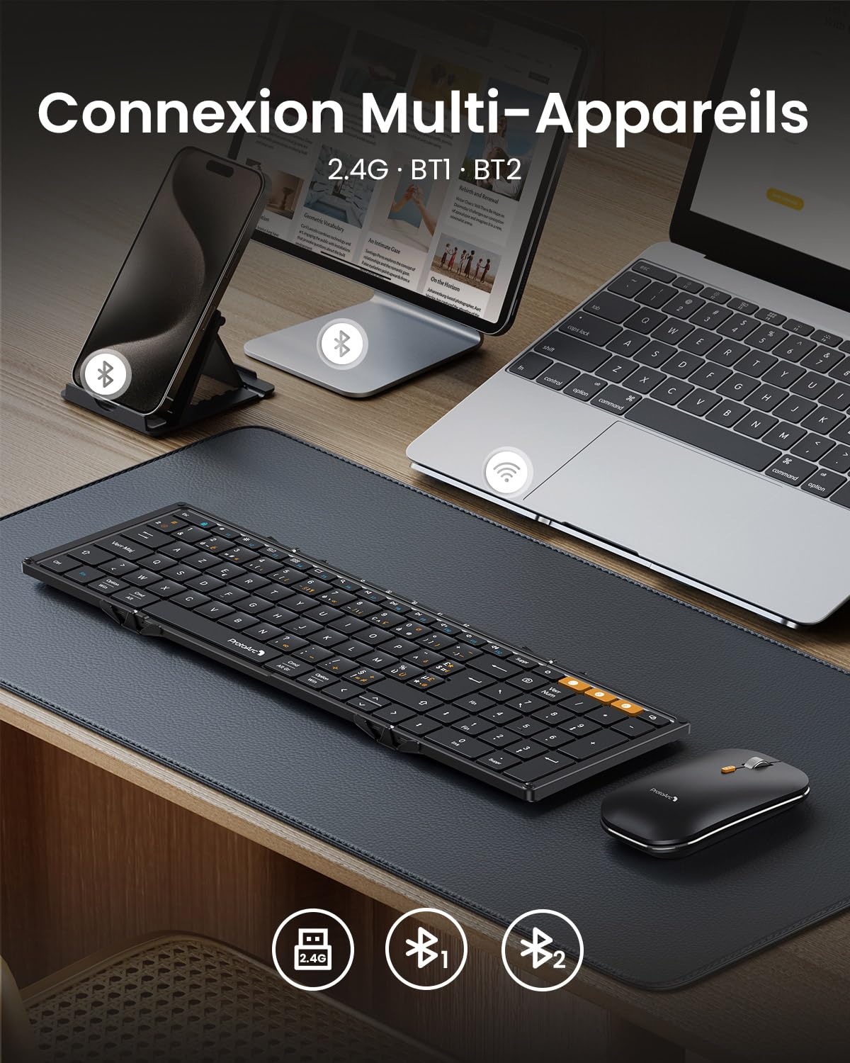 ProtoArc XKM01 Clavier Souris sans Fil Pliable, 2.4G+Dual Bluetooth | AZERTY, 105 Touches avec Pavé Numérique, Rechargeable, Etui Rigide et Support Inclus, pour iPad/Téléphone/Tablette