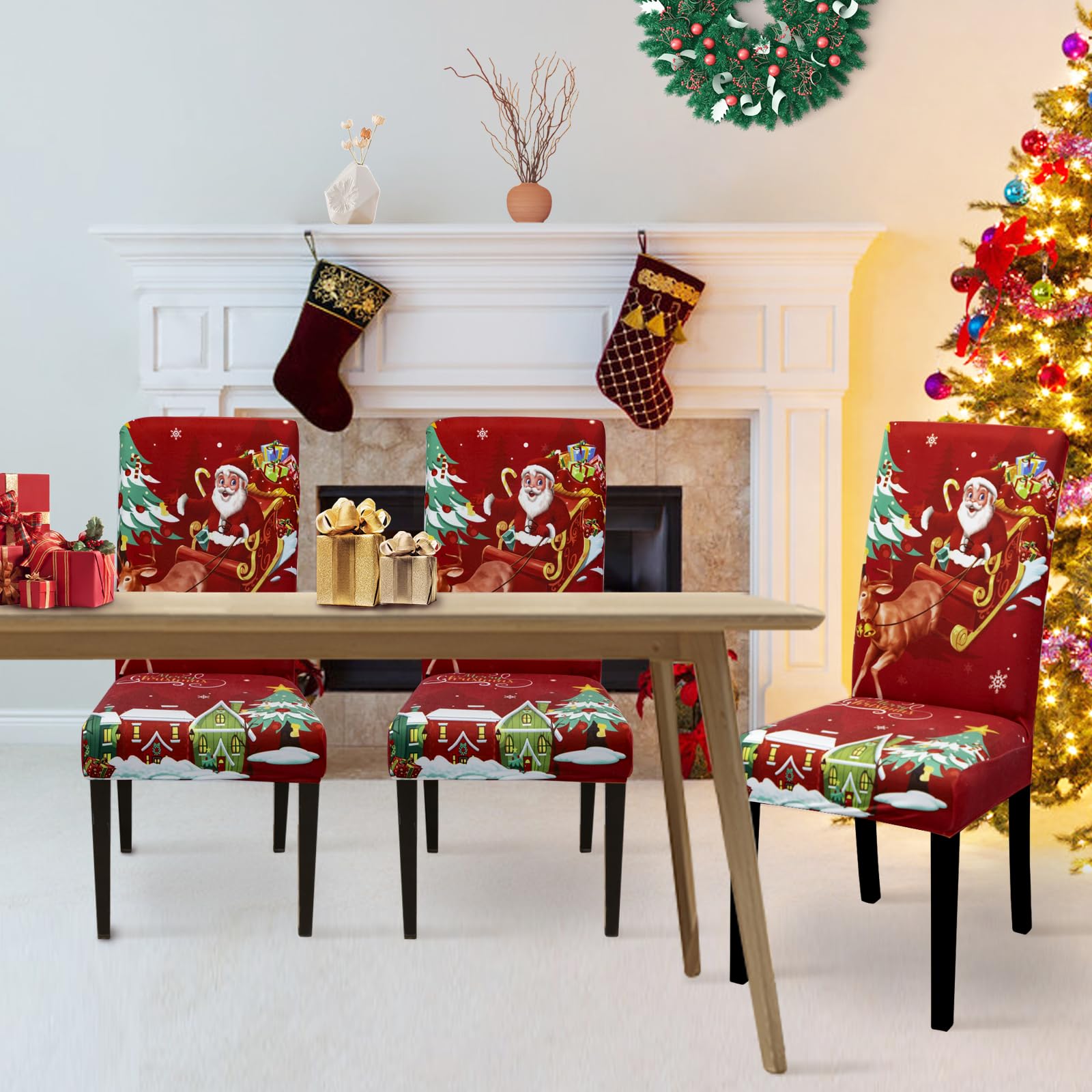 Lydevo Coprisedie Natalizie 6 Pezzi Coprisedia con Schienale Elasticizzato Spandex Fodere Coprisedia per Sala da Pranzo Rimovibile Vestisedia con Schienale per Natale Festa,Babbo Bordeaux