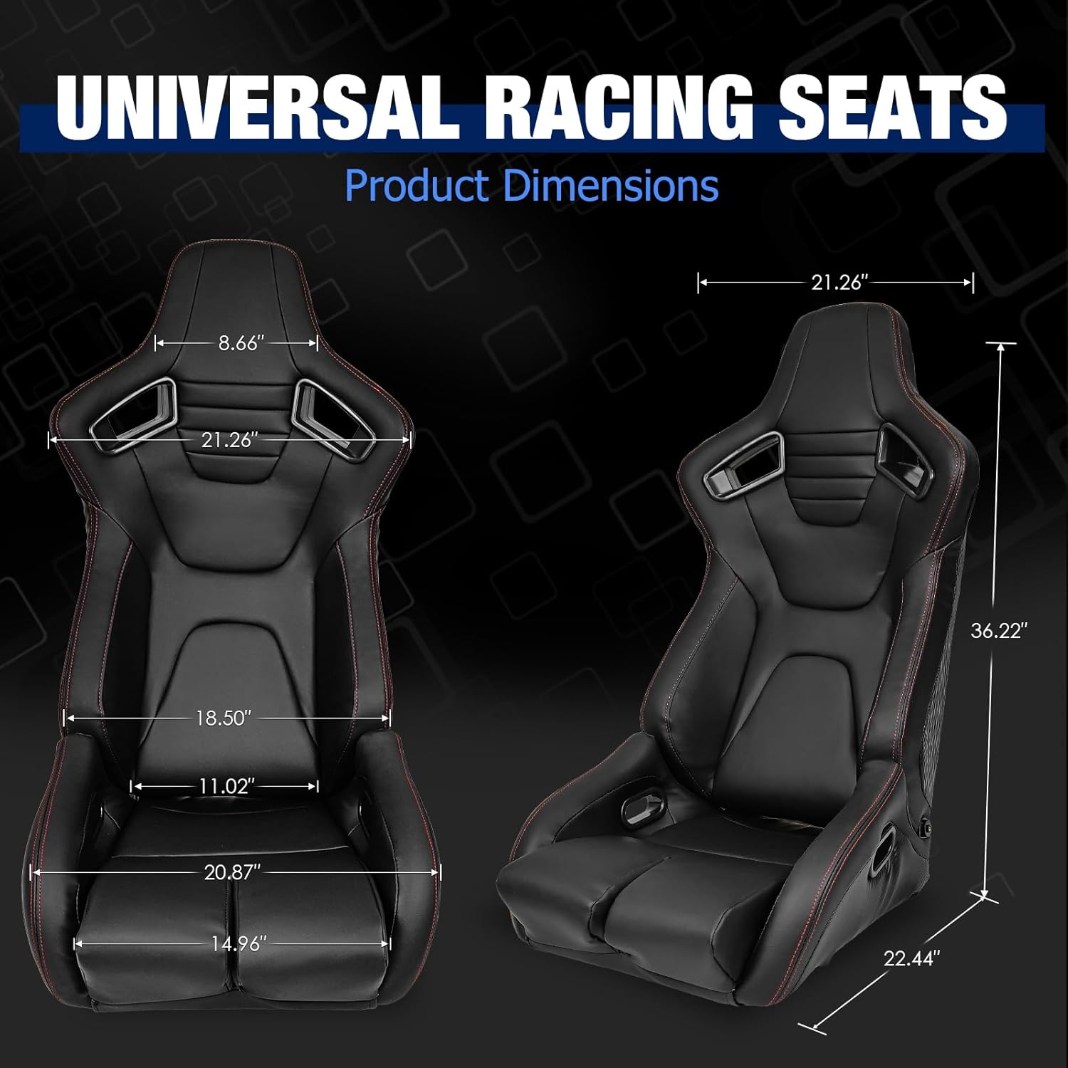 FREEMOTOR802 Racing Seats with Dual Lock Sliders, Universal For Most Cars Vehicles First Row, 1 Pair Reclinable Sport Bucket Seats, PU Carbon Fiber Look Leatherette, Black