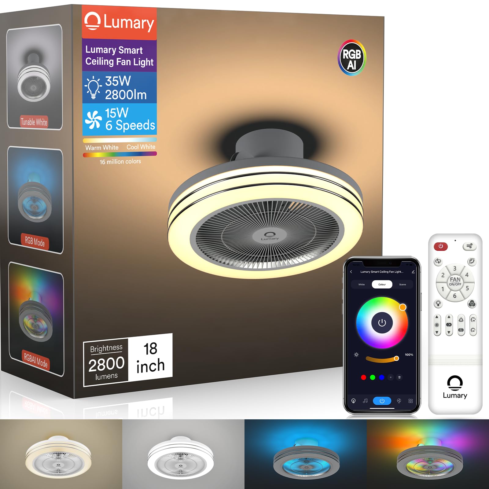 lumary smart wifi amp bluetooth ceiling fan with rgbai light low profile ceiling fan 18 inch 6 speeds reversible - compatible with alexa google assistant remote control