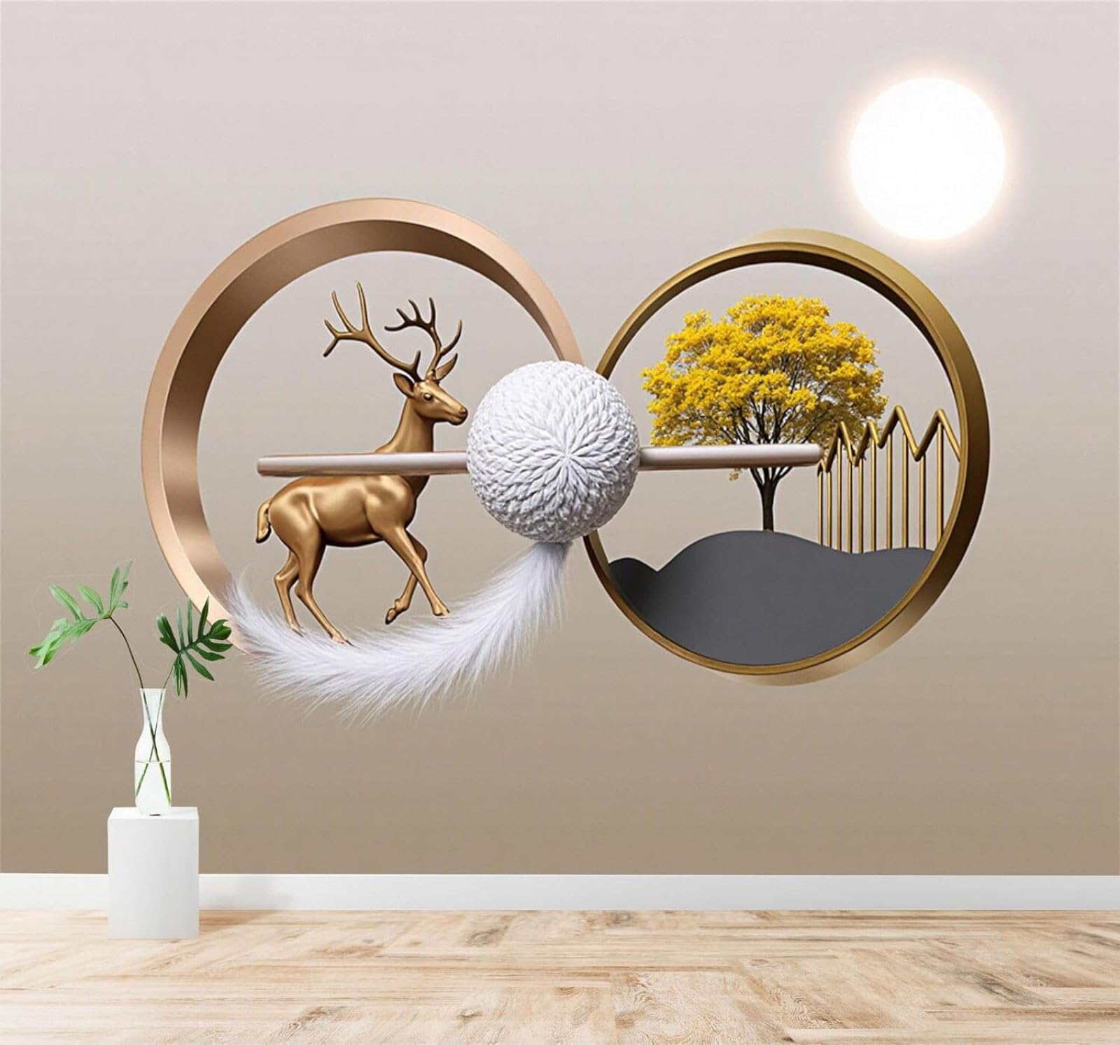 Tzxztt Golden Deer Yellow Trees Sun Geometric Art Modern 3D Wallpaper Premium Textured Silk Neutral Tones Material Ideal for Living Room Bedroom-300cm×210cm