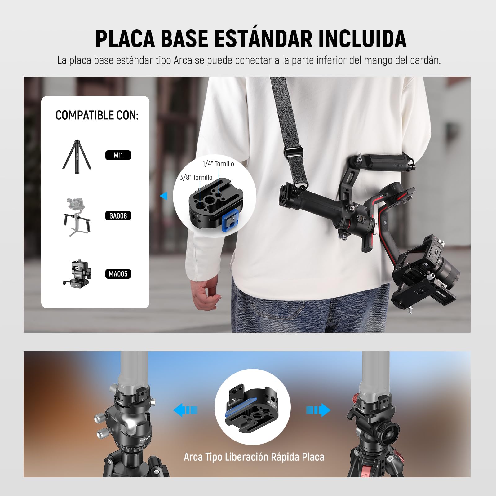 NEEWER Correa Hombro para Gimbals RS4 y RS3; Cinturón Acolchado Ajustable con Placa Base Liberación Rápida y Hebilla QD; Compatible con DJI RS4 RS4Pro RS3 RS3Pro RS2 Sling Handle, Gris, GA016