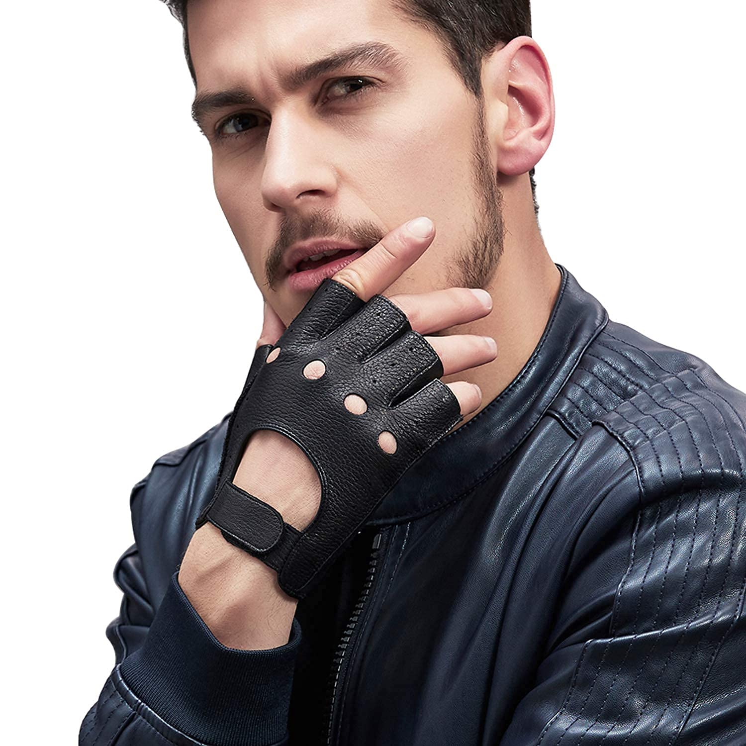 GSG Men's Fingerless Leather Driving Gloves, Half Finger, lambskin