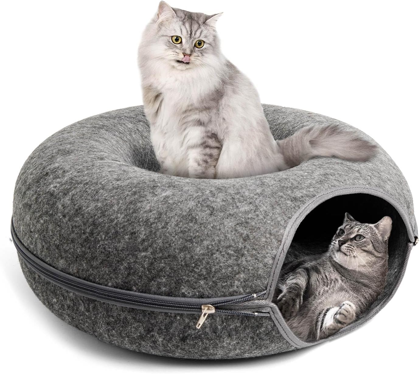 Donut Bed Tunnel for Cats and Kittens, Soft Plush Fleece Lining, Removable Washable Cover, Gray (20 inch, Light Gray)