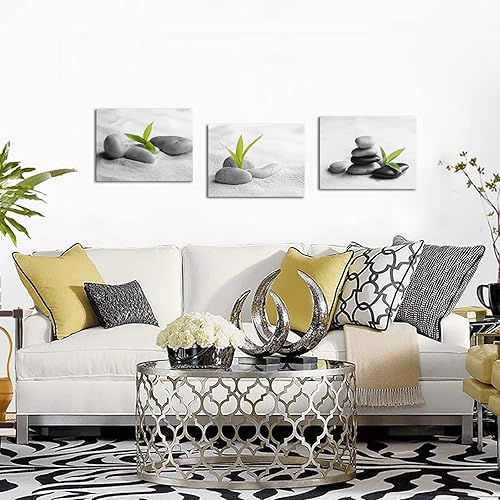 Miniatura 2 de Biuteawal 3 piezas de lienzo zen para decoración de baño, piedra zen con planta verde, impresión pacífica de naturaleza muerta, pintura moderna para