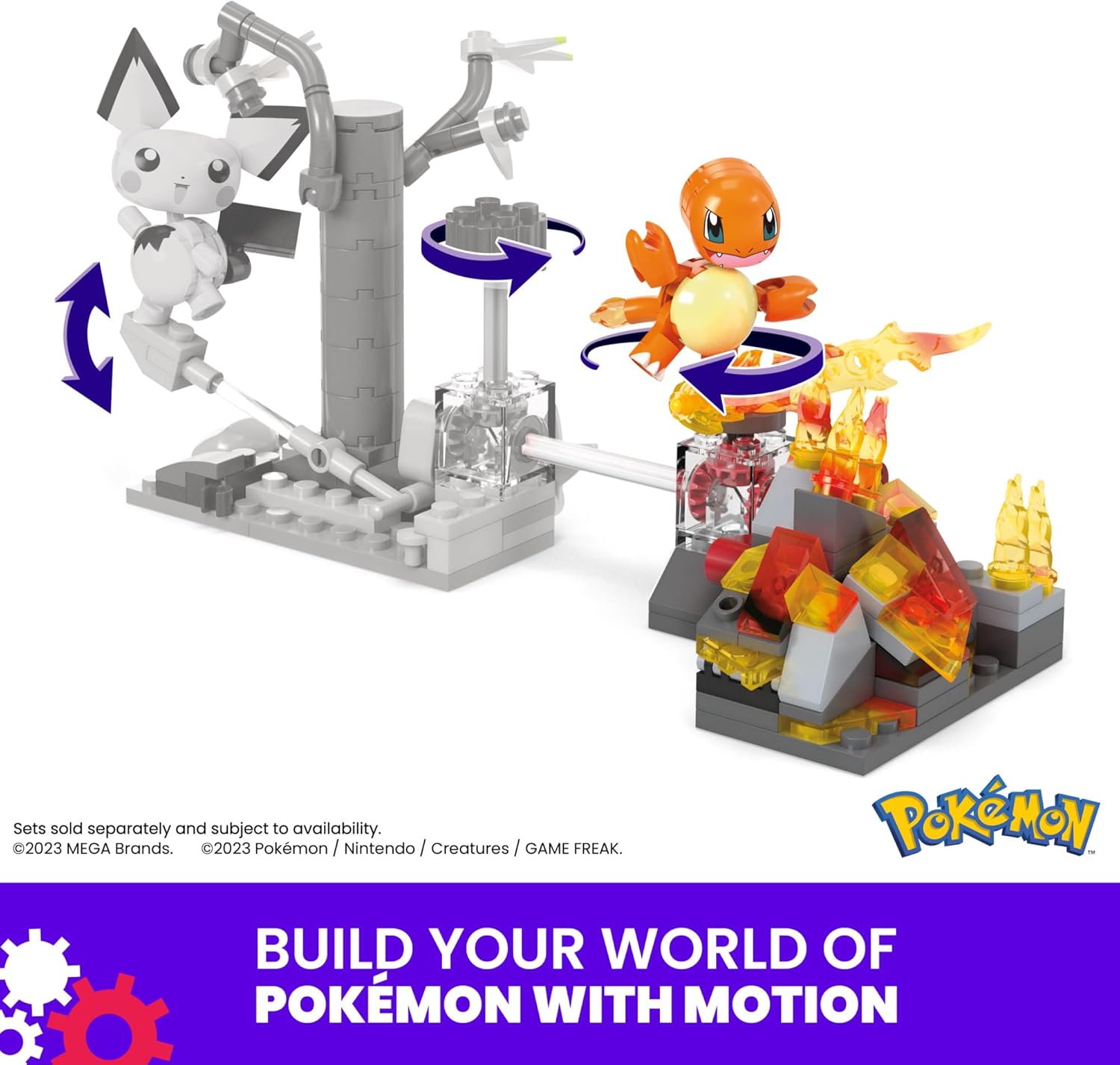 Multiple MEGA Pokémon building sets connected together to form a larger, interactive Pokémon world.
