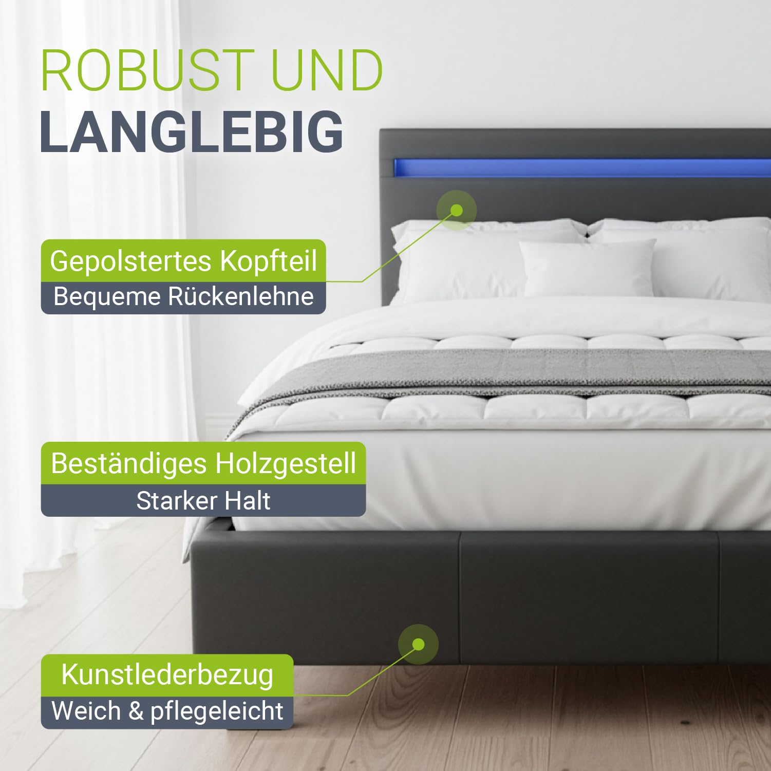 Juskys Polsterbett Paris 90x200 cm mit LED-Beleuchtung, Lattenrost & Kopfteil, Bett mit Gestell aus Holz & Webstoff Bezug, grau
