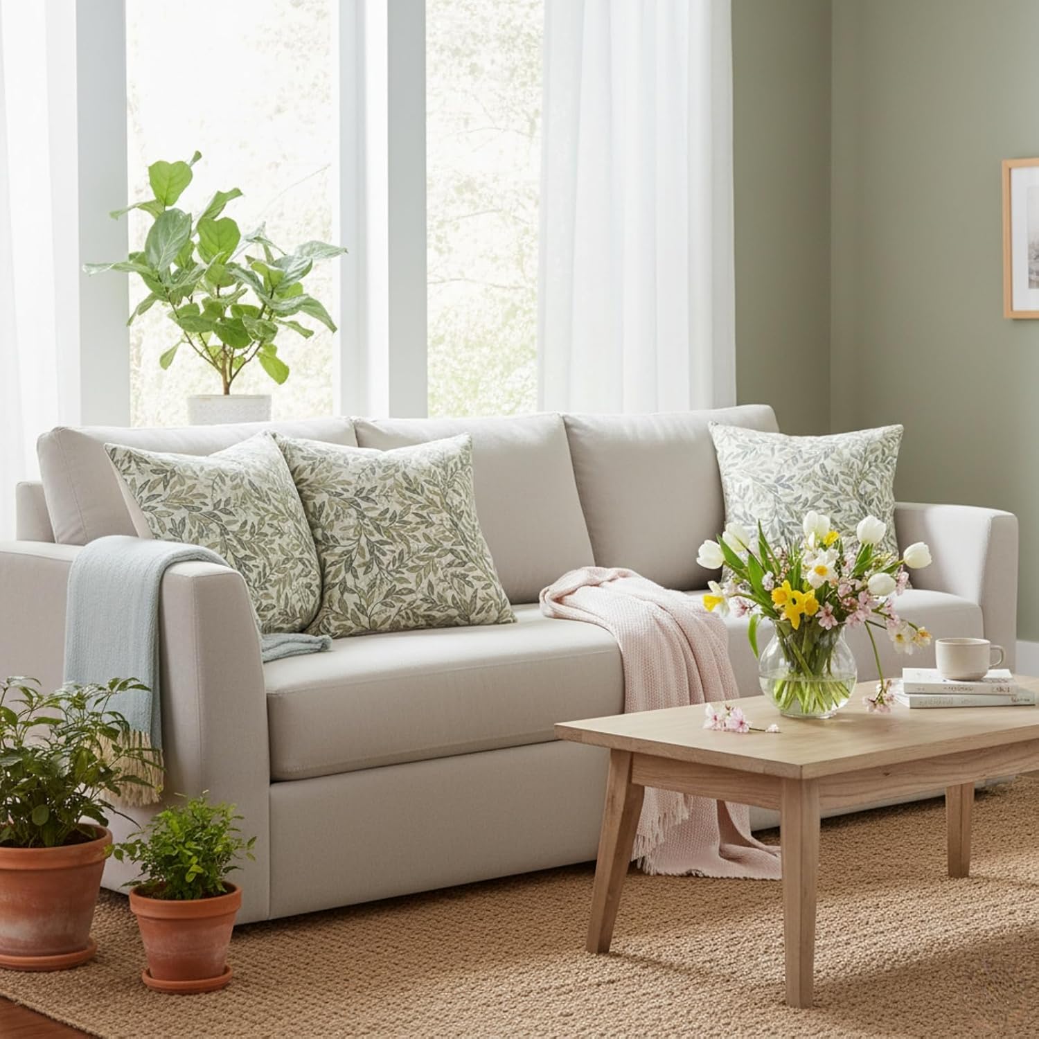 Green Leaf Throw Pillow Covers 18x18 Inch Set of 2 Vintage Botanical Dutch Velvet Soft Couch Pillows for Farmhouse Living Room Accent Sofa