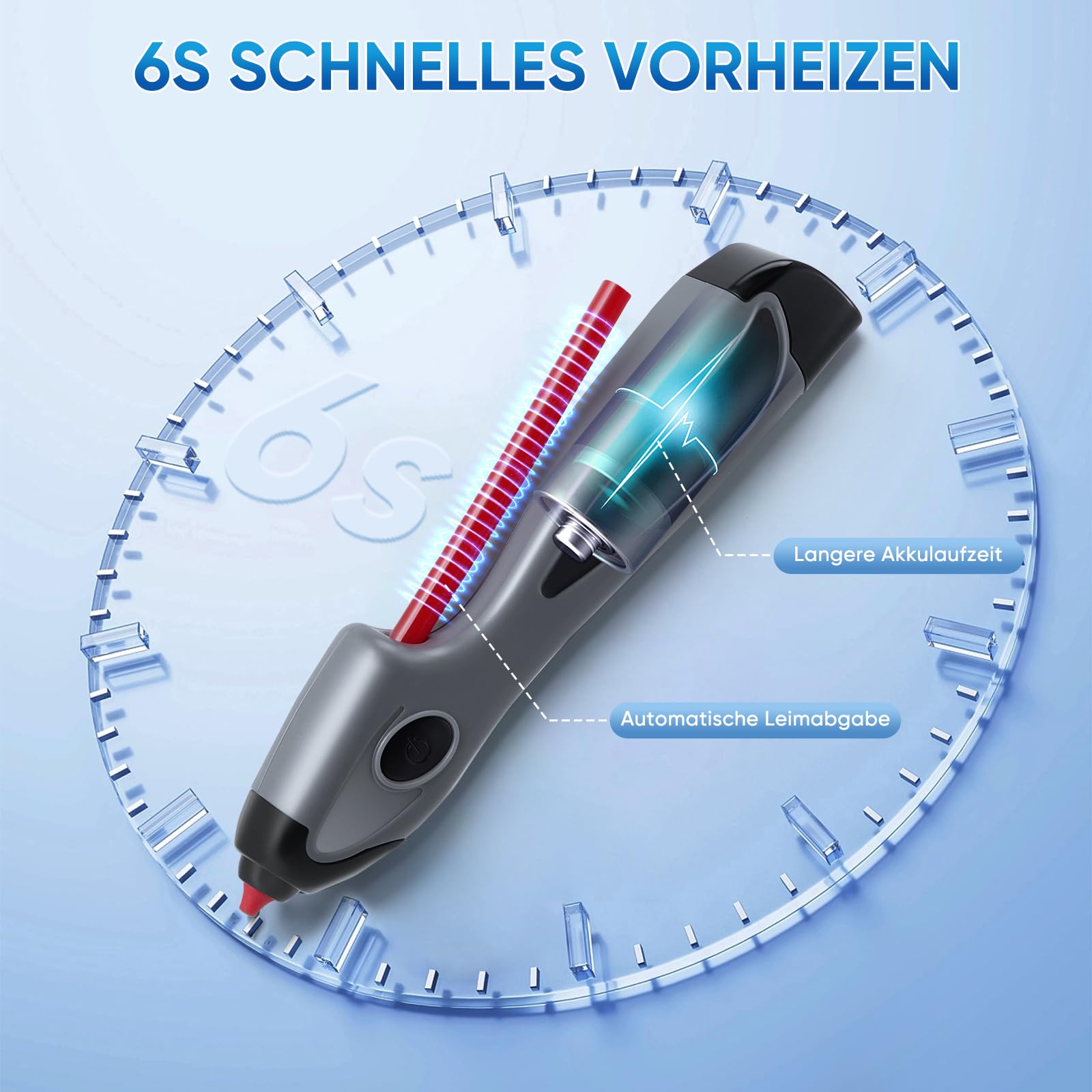 Kabellose Heißklebepistole mit Akku - 6S Schnellvorheizen & Automatischer Tropfschutz, Inkl. 6 Farbigen Bastel-Heißklebestiften (185mm) für Handwerk und Dekoration