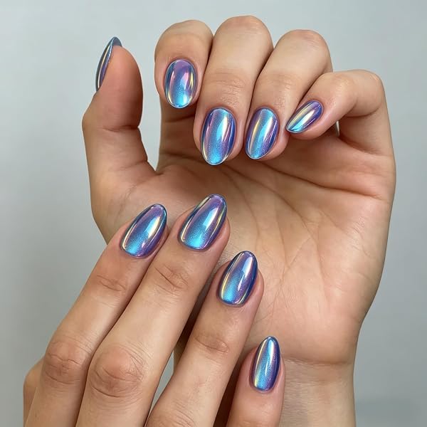 KQueenest Chrome Press On Nails Kurz Rund, Glänzende Königsblau Nägel zum Aufkleben, High Shine Cat Eye Fake Nails für Frauen in 16 Größen - 32 Stück Salonqualität Künstliche Nägel Set - 2