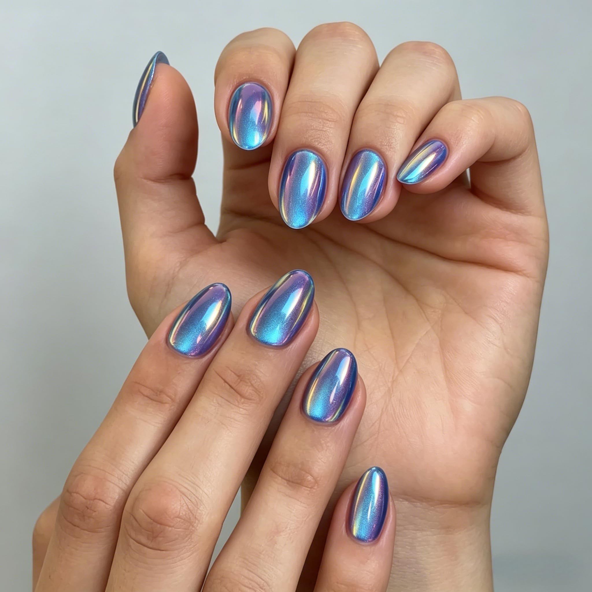 KQueenest Chrome Press On Nails Kurz Rund, Glänzende Königsblau Nägel zum Aufkleben, High Shine Cat Eye Fake Nails für Frauen in 16 Größen - 32 Stück Salonqualität Künstliche Nägel Set - 2