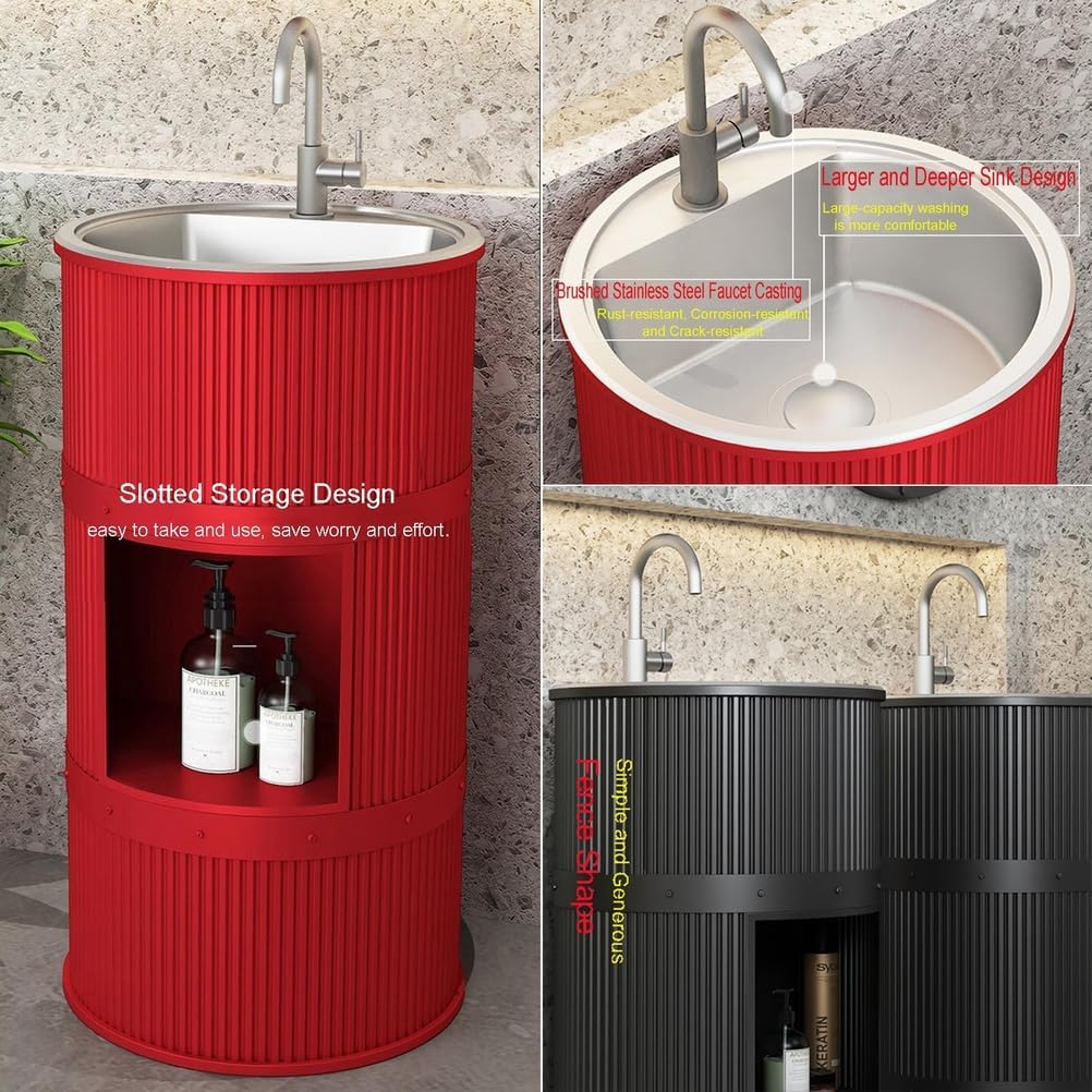 Freestanding Bathroom Sink, Modern Pedestal Sink with Storage, Industrial Style Vanity Basin, Floorstanding Design,Orange Bwith Mirror,Orange Bwith Mirror