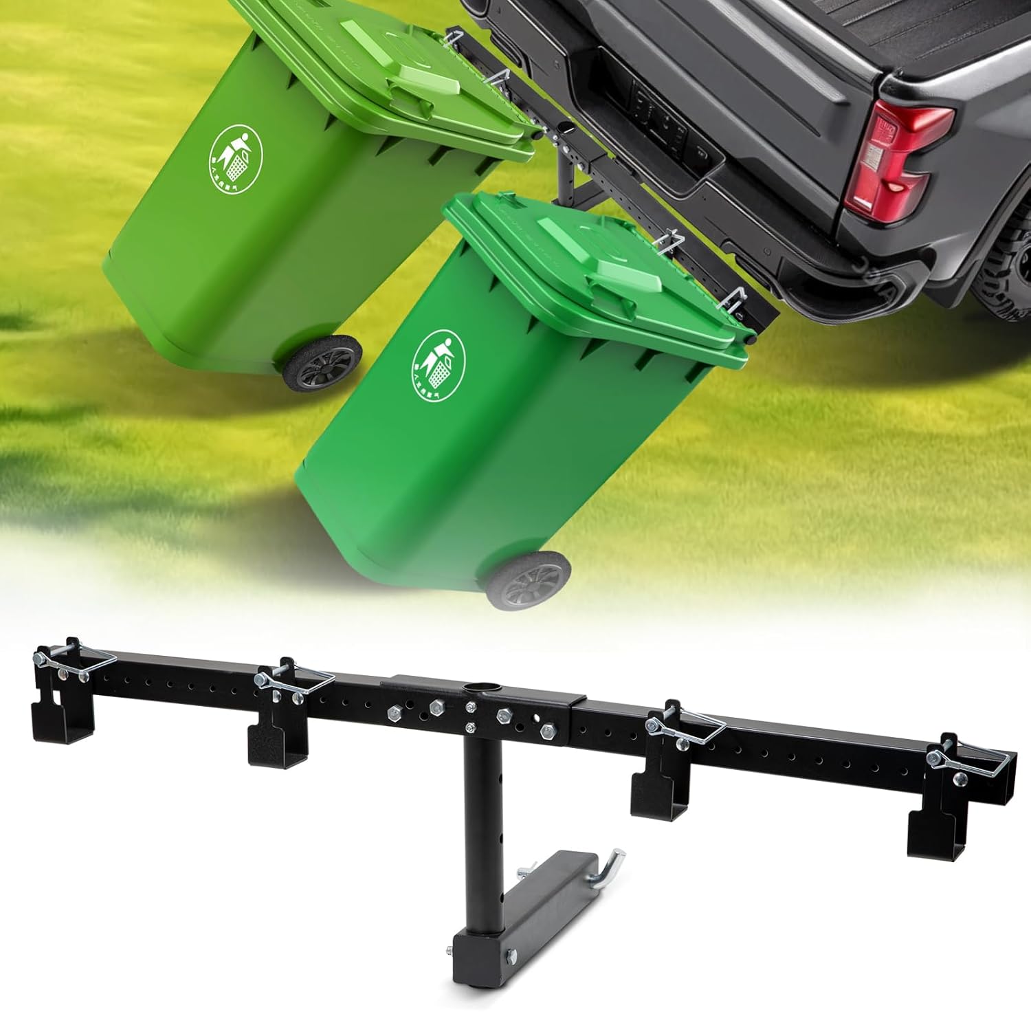Trash Can Hauler for Double Can, Adjustable Wheeled Garbage Trash Can Hitch, Suitable for UTV/ATV/Lawn Tractors/Truck/Cars/Trailer with 2" Receiver